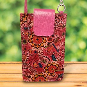 New Handcrafted Genuine Leather Embossed and Hand Painted Cellphone Bag